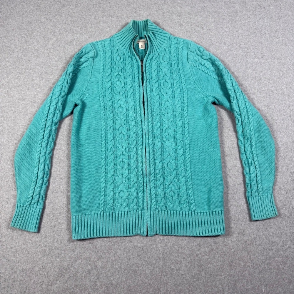 LL Bean Womens Teal Blue Cable Knit Full Zip Cotton Cardigan Sweater Size M